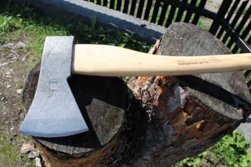 Siekiera leśna 1,25 kg Krumpholz z metalową głowicą i drewnianym trzonkiem, leży na ściętym pniu drzewa. Widoczny jest lekko zaokrąglony kształt ostrza oraz naturalna tekstura drewna. Tło z zieloną trawą i drewnianym ogrodzeniem.