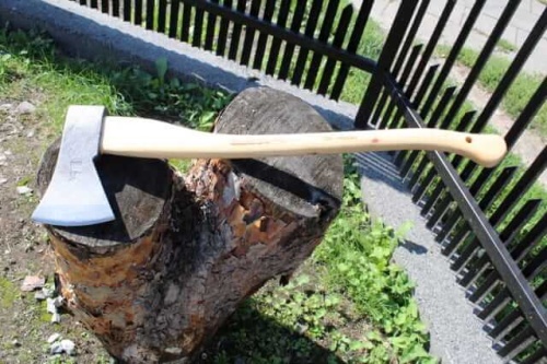 Siekiera leśna Krumpholz 1,25 kg z drewnianym trzonkiem, osadzona na pieńku. Głownia w kolorze srebrnym, lekko wygięta. Stojąca, prezentująca ostrze oraz teksturowaną rączkę. Tło naturalne, z trawą i ogrodzeniem w oddali.