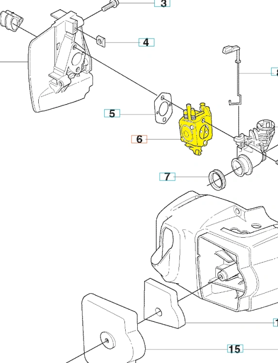 Gaźnik nożyc Husqvarna 323HD60/325HD60, żółty, z widocznymi śrubami i elementami montażowymi. Zdjęcie z boku, na białym tle, produktu leżącego z detalami konstrukcyjnymi i elementami łączenia.