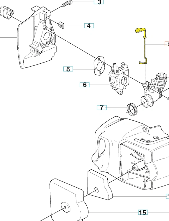 Dźwignia ssania nożyc Husqvarna 323HD60/325HD60, czarna z metalowymi elementami. Widok z boku, zbliżenie na mocowanie i mechanizm. Proste tło uwidacznia strukturę oraz otwory montażowe.
