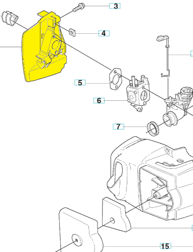 Żółta przegroda izolacyjna nożyc 323HD60/323HE3 Husqvarna z boku, z widocznymi mocowaniami, otworami na śruby i strukturą materiału, ukazująca elementy konstrukcyjne w rozłożonym stanie.