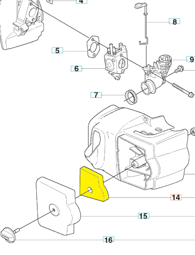Złożony żółty filtr powietrza nożyc 323HD60/325HD60 Husqvarna, prostokątny z centralnym otworem. Widok z boku na prostym tle, z elementem mocującym i kluczykiem oznaczonym nr 16. Wysoka jakość dla sprzętu Husqvarna.
