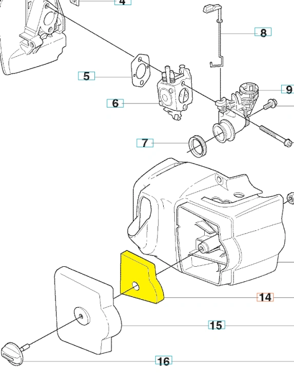 Złożony żółty filtr powietrza nożyc 323HD60/325HD60 Husqvarna, prostokątny z centralnym otworem. Widok z boku na prostym tle, z elementem mocującym i kluczykiem oznaczonym nr 16. Wysoka jakość dla sprzętu Husqvarna.