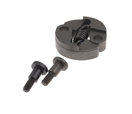 Sprzęgło nożyc Husqvarna 323HD60/325HD60 w kolorze ciemnoszarym, o okrągłym kształcie. Widoczne dwa czarne śruby mocujące. Produkt leży na jasnym tle, ukazując szczegóły mechanizmu wewnętrznego.