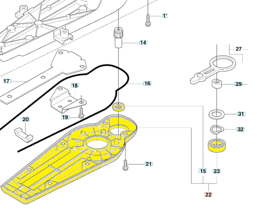 Pokrywa piasty nożyc Husqvarna 323HD60/325HD60 w kolorze żółtym z widocznymi elementami montażowymi. Detal zbliżenia na otwory i wykończenie. Prezentowana w układzie rozłożonym z elementami roboczymi do montażu. Tło proste, białe.