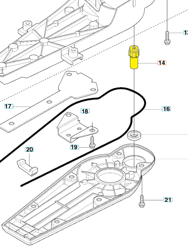 Schemat części do nożyc Husqvarna 323HD60/325HD60 z czarną obudową i frontowym uchwytem. Obok żółty kołek, metalowe mocowania i inne elementy na białym tle dla lepszej widoczności.