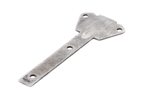 Metalowa płytka ścieralna do nożyc Husqvarna 323HD60/325HD60, prostokątna z wycięciami, cztery otwory montażowe, długość części wystającej około 15 cm, ujęcie z boku na białym tle.