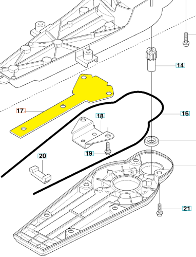 Żółta płytka ścieralna nożyc 323HD60/325HD60 Husqvarna, pokazująca kształt i otwory montażowe, ułożona pod kątem na białym tle, bez innych elementów.