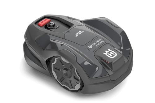 Robot koszący Husqvarna Automower® 310E NERA, szary z czerwonym przyciskiem STOP, boczny widok z aerodynamicznym kształtem i kółkami z głębokim bieżnikiem, widoczne logo i przycisk uruchamiania, na równym tle.