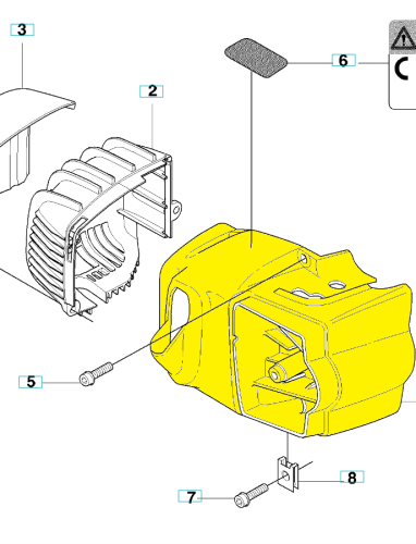 Żółta pokrywa cylindra nożyc Husqvarna 323HD60/325HD60 z wsparciem strukturalnym i otworami montażowymi, leżąca, ze śrubami mocującymi na neutralnym tle podkreślającym detale.