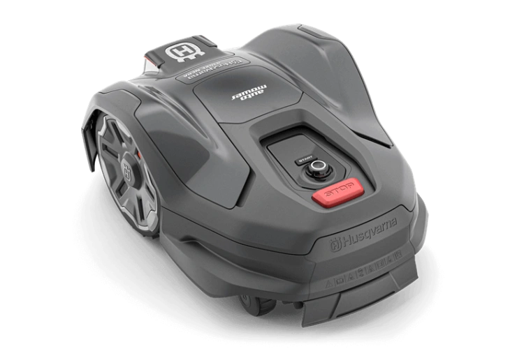 Szary robot koszący Husqvarna Automower® 410XE NERA, z przyciskami start/stop, aerodynamiczny, z logo i napisem „Automower”, na płaskiej powierzchni, widok z przodu na jednolitym tle.