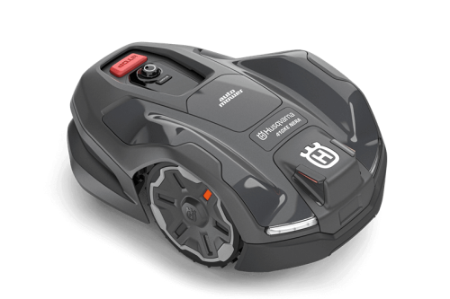 Robot koszący Husqvarna Automower® 410XE NERA, szary z czarnymi elementami. Przód z przyciskami i logo, zdjęcie z boku ukazuje aerodynamiczny kształt, koła i sygnalizację.