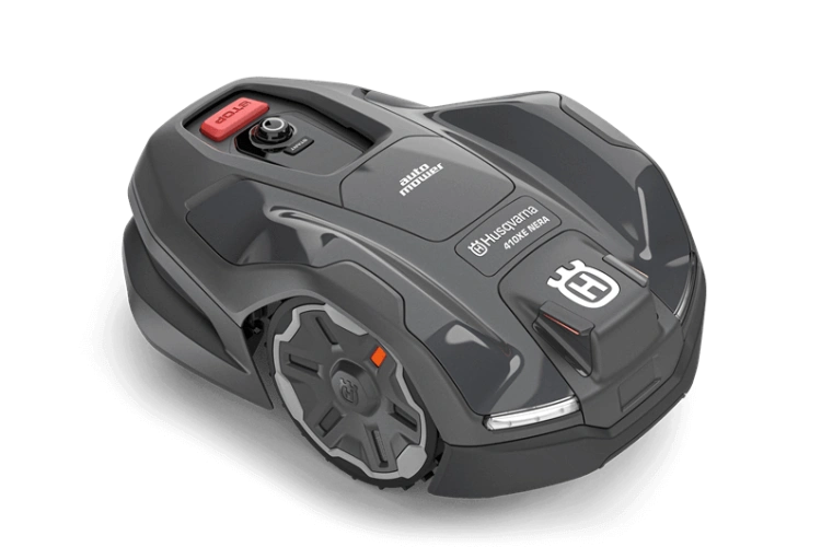 Robot koszący Husqvarna Automower® 410XE NERA, szary z czarnymi elementami. Przód z przyciskami i logo, zdjęcie z boku ukazuje aerodynamiczny kształt, koła i sygnalizację.