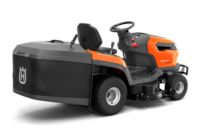 Traktor TC 220T Husqvarna w pomarańczowo-szarym kolorze z logo, kierownicą, dźwigniami, zbiornikiem z tyłu, terenowymi oponami i ergonomicznym siedziskiem, idealny do pielęgnacji ogrodu.