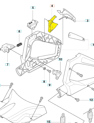 Żółta dźwignia gazu Husqvarna 123HD60/323HD60 z mocowaniami, widoczna z góry na neutralnym tle, z charakterystycznymi kształtami i oznaczeniami.