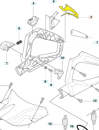 Blokada dźwigni gazu nożyc 123HD60/323HD60 Husqvarna w kolorze żółtym, wykonana z tworzywa sztucznego. Widoczna z boku, zamontowana w całości. Element z wyraźnymi detalami mocowania oraz otworami. Prosta, jasna grafika na tle białym.