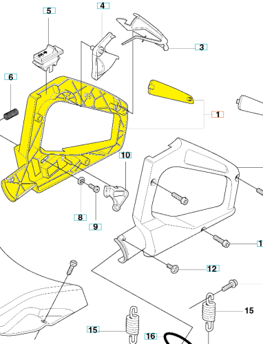 Żółty, plastikowy uchwyt nożyc Husqvarna 123HD60/323HD60, widoczny z góry, z ergonomiczną formą, metalowymi sprężynami i elementami mocującymi, przeznaczony do narzędzi ogrodowych.