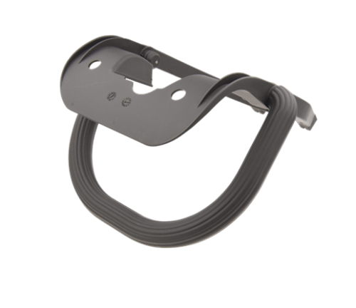 Uchwyt przedni nożyc Husqvarna 323HD60/325HD60 w kolorze czarnym. Produkt z metalowym mocowaniem z gumowym wykończeniem, o kształcie zaokrąglonym. Widok z góry, zamontowany w pozycji poziomej, ukazuje szczegóły mocowania.