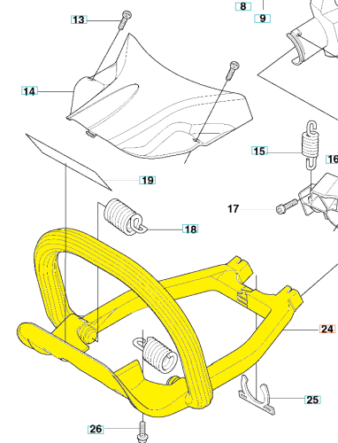 Uchwyt przedni Husqvarna 323HD60/325HD60, żółty, prostokątny z wygiętymi końcami, widoczny z góry, z miejscem na mocowanie i sześcioma elementami montażowymi, na białym tle podkreślającym detale.