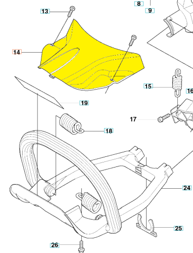 Osłona cieplna nożyc Husqvarna o intensywnym żółtym kolorze, wykonana z tworzywa sztucznego. Ujęcie z góry, produkt leży na płaskiej powierzchni. Widoczne elementy montażowe, w tym sprężyny oraz uchwyty. Tło jednolite.