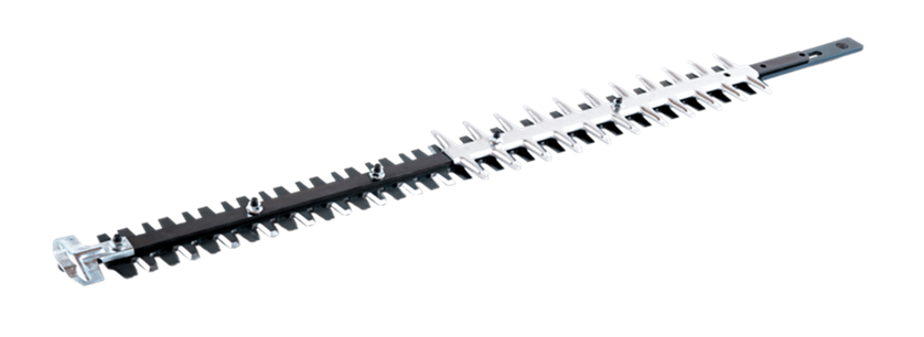 Urządzenie tnące kpl. nożyc Husqvarna w kolorze srebrnym i czarnym; widok z boku na metalową ostrza, które posiadają zęby do cięcia; wystające elementy montażowe; długość całkowita widocznego fragmentu to około 60 cm.