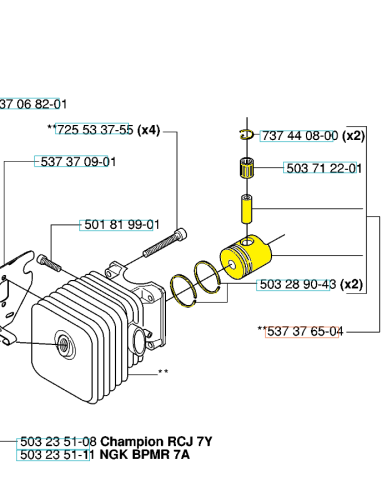 Tłok nożyc 325HD60/325HD75 Husqvarna w kolorze żółtym, z oznaczeniami i symbolami widocznymi na powierzchni. Produkt ukazany z boku, w pozycji leżącej, z detalami w postaci pierścieni tłokowych i elementów mocujących. Tło białe, proste.