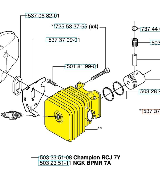 Schemat techniczny cylindra nożycowego Husqvarna 325HD60/325HD75 z żółtym cylindrem, logo producenta oraz numerami części i mocowaniami, przedstawiający elementy ułatwiające zrozumienie ich funkcji.