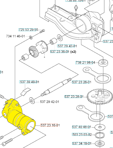 Obudowa przekładni nożyc 323HE3/325HE4 Husqvarna w żółtym kolorze, widoczna z boku na schemacie z oznaczonymi numerami części i elementami montażowymi na białym tle.