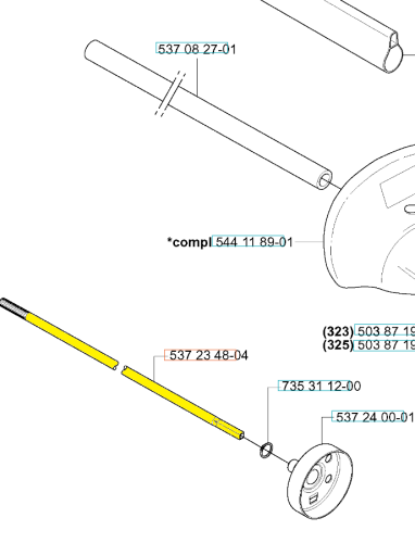 Wałek napędowy nożyc Husqvarna w kolorze żółtym, prosty, cylindryczny kształt, zamontowany w obszarze z blachą. Widoczne numery części: 537 08 27-01, 537 23 48-04. Części skomponowane w sposób graficzny, bez tła.