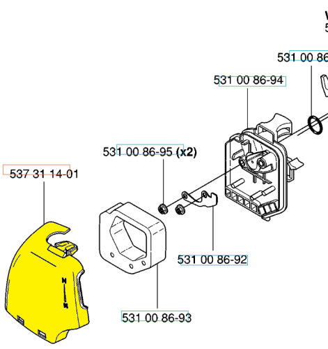 Żółta pokrywa filtra powietrza do nożyc 324HDA55/podkaszarki 324L Husqvarna, z logo Husqvarna, widoczna frontalnie, leżąca płasko, z detalami montażu i segmentowym podziałem.