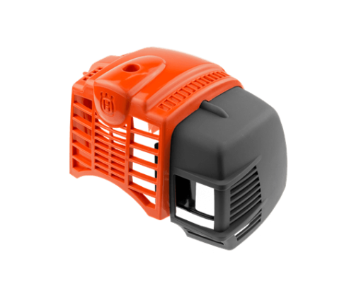 Pokrywa cylindra nożyc 324HDA55 do podkaszarki 324L Husqvarna w kolorze pomarańczowym i czarnym. Produkt ukazany z boku, z widoczną teksturą obudowy i logo Husqvarna. Kształt ergonomiczny, z otworem montażowym i detalami wentylacyjnymi.