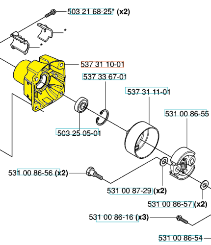 Żółta osłona sprzęgła nożyc 324HDA55/podkaszarki 324L Husqvarna z boku, pokazująca korpus, pierścień, sprężynę, otwory montażowe, podkładki i numerację części.