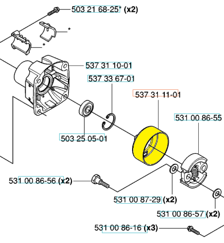 Żółty bęben sprzęgła nożyc 324HDA55 podkaszarki Husqvarna 524LK z metalowym korpusem, leżący, pokazujący mocowanie i logo, na neutralnym tle, nieruchoma część w zestawie.