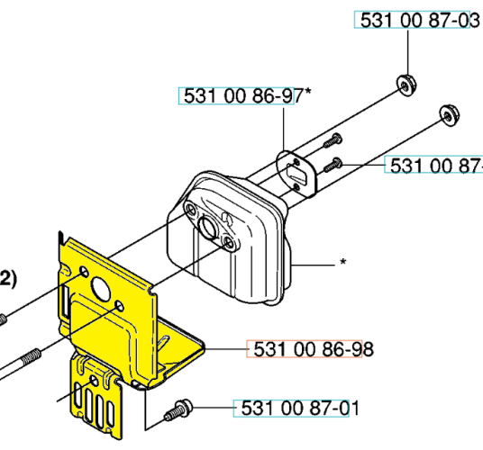 Kanał powietrzny nożyc 324HDA55 z Husqvarna w kolorze żółtym, z wyraźnym logo. Widoczny z boku, złożony, z detalami mocowania. Na zdjęciu pokazano także kilka śrub montażowych oraz części. Tło białe, co podkreśla szczegóły produktu.