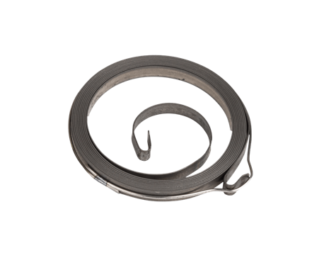 Metalowa sprężyna rozrusznika do nożyc 324HDA55 i podkaszarki 324L Husqvarna, okrągła, matowa, z hakiem, średnica zewn. 10 cm, wewn. 4 cm, widoczna z boku w pozycji leżącej.