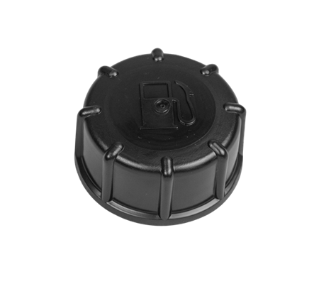 Czarny korek paliwa do podkaszarki Husqvarna 324HDA55/324L, z widocznym symbolem zatankowania. Produkt o okrągłym kształcie, z rowkami na krawędzi, leżący poziomo na jednolitym tle. Wysokiej jakości, wykonany z trwałego tworzywa sztucznego.