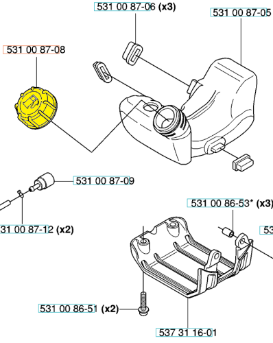 Korek paliwa do nożyc 324HDA55/podkaszarki 324L Husqvarna, leżący, z żółtą pokrywą, detalami mocowania i otworami, elementy metalowe i czarne plastikowe na jednolitym tle, widoczne numery części.