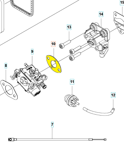 Żółta uszczelka nożyc 325HE3/wykaszarki 525RXT Husqvarna, okrągła, widoczna na schemacie z detalami mocowania, zaworem i przewodami na białym tle.