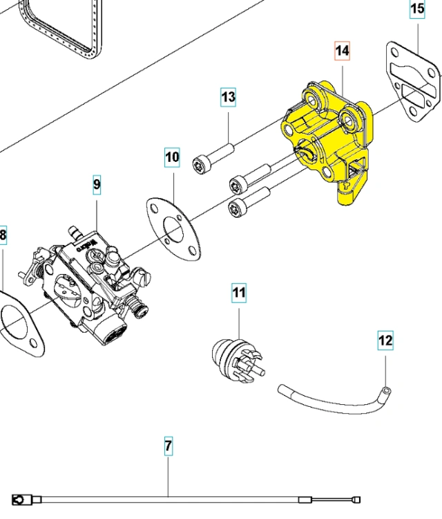 Króciec nożyc 325HE3/wykaszarki 525RXT Husqvarna w kolorze żółtym, ukazany z boku. Zawiera elementy mocujące oraz wtyczkę. W tle widoczny jest prosty szary kolor. Produkt jest rozłożony, ukazując detale mechanizmu.