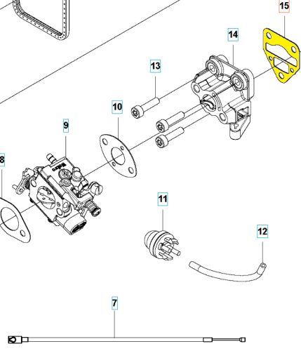 Uszczelka do podkaszarki Husqvarna 522L/wykaszarki 525RX, żółta, prostokątna z wycięciem na mocowanie, leżąca na płaskiej powierzchni, wykonana z elastycznego materiału, do uszczelniania.