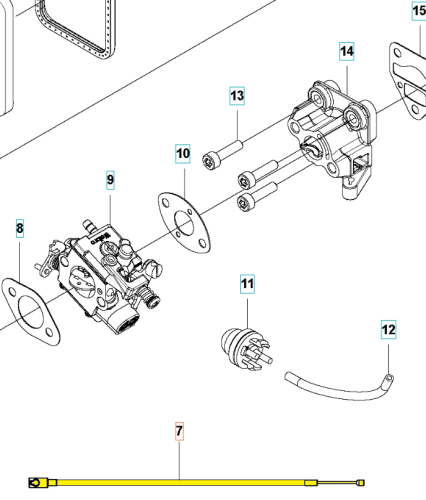 Linka gazu do podkaszarki Husqvarna 525LK/wykaszarki 525RXT, widoczna z boku, bez widocznych oznaczeń. Elementy mechaniczne są srebrne, z widocznymi mocowaniami. Tło proste, białe, co ułatwia identyfikację detali.