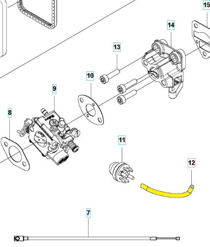 Rurka paliwa wykaszarki Husqvarna 525RXT, żółta, wykonana z elastycznego materiału, z widocznym mocowaniem. Ułożona poziomo, pokazana z perspektywy frontalnej, w kontekście części zamiennych, z nieczytelnymi detalami.