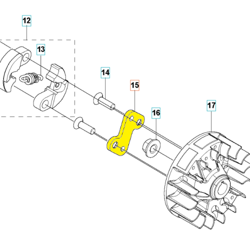 Piasta sprzęgła nożyc 325HE3/525HE3 Husqvarna w żółtym kolorze, widok z boku. Elementy montażowe, w tym śruby, oraz detale wzoru i kształtu są widoczne. Produkt leży na białym tle, co ułatwia koncentrację na jego charakterystyce funkcyjnej.