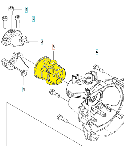 Łącznik nożyc 325HE3 do wykaszarki 525RX Husqvarna z żółtym korpusem i elementami montażowymi. Leżąca konstrukcja z widocznymi napisami, gwintami i detalami mocowania na jasnym tle.