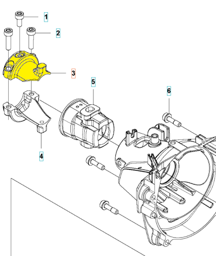 Żółty wspornik nożyc 325HE3/wykaszarki 525RX Husqvarna, widok boczny. Widoczne elementy mocujące i izotermiczne detale na prostym tle, skupienie na konstrukcji.