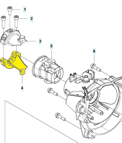 Wspornik nożyc 325HE3/wykaszarki 525RXT Husqvarna, żółty, z zaokrąglonymi krawędziami i wyciągniętymi otworami. Widok boczny z detalami mocowania i podstawowymi elementami montażowymi.