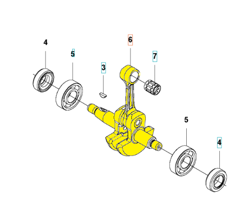Wał korbowy do nożyc 325HE3 i wykaszarki 525RXT Husqvarna, w kolorze żółtym. Widoczna konstrukcja z wirnikiem i dwoma łożyskami. Ujęcie z przodu, w detalu. Elementy metalowe, z widocznymi numerami części. Produkt montowany, na tle białym.