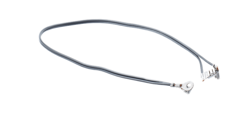 Wiązka sterownicza nożyc 323HE3 do wykaszarek 323RJ Husqvarna, szary elastyczny przewód z metalowymi końcówkami, układający się łukiem, na jednolitym tle, prosty i funkcjonalny design.