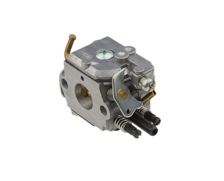 Gaźnik nożyc 326HD60/326HD75 Husqvarna, metalowy, w kolorze szarym, z wyraźnie widocznymi elementami mocującymi i zaworami. Ukazany z boku w zbliżeniu, z detalami na otwory i mechanizmy regulacyjne. Tło jednolite, neutralne.