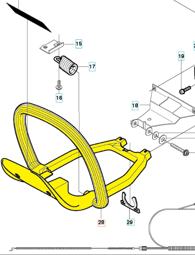 Uchwyt przedni nożyc 123HD60/225H60 Husqvarna w kolorze żółtym, o prostokątnym kształcie, widoczny w zbliżeniu. Produkt pokazany w pozycji poziomej. Zawiera elementy montażowe i wycięcia do mocowania. Na tle białym, bez dodatkowych dekoracji.